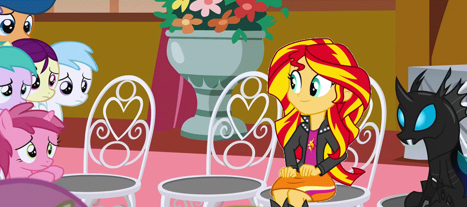 Size: 962x427 | Tagged: safe, edit, edited screencap, screencap, character:aura, character:boysenberry, character:cotton cloudy, character:first base, character:ruby pinch, character:sunset shimmer, species:changeling, episode:slice of life, g4, my little pony: friendship is magic, my little pony:equestria girls, animated, bopping shimmer, chair, cute, kevin (changeling), shimmerbetes, sitting