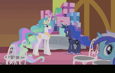 Size: 384x244 | Tagged: safe, edit, screencap, character:bon bon, character:button mash, character:carrot cake, character:jeff letrotski, character:liquid button, character:lotus blossom, character:meadow song, character:minuette, character:pound cake, character:princess celestia, character:princess luna, character:roseluck, character:ruby pinch, character:spike, character:sweetie drops, character:thunderlane, character:twinkleshine, species:alicorn, species:dragon, species:earth pony, species:pony, species:unicorn, episode:slice of life, g4, my little pony: friendship is magic, animated, argument, awkward, awkward smile, balcony, bells, bickering sisters, blinking, bonding, butt, caption, captioned, chair, close-up, cute, dialogue, embarrassed, eyeroll, eyes closed, female, forgiveness, friendship, glare, grin, holding hooves, irritated, looking at each other, male, mare, plot, pouting, present, sarcasm, sisters, sitting, smiling, stallion, table, text, town hall, wedding