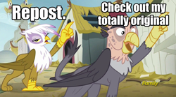 Size: 1920x1064 | Tagged: safe, edit, screencap, character:gilda, character:grampa gruff, species:griffon, episode:the lost treasure of griffonstone, g4, my little pony: friendship is magic, blind eye, clothing, discovery family logo, duo, eye scar, female, fez, frown, gilda is not amused, hat, image macro, imitation, looking at you, male, meme, meta, open mouth, pointing, scar, smiling, unamused