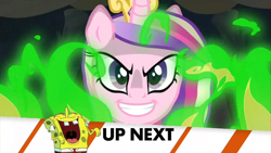 Size: 830x467 | Tagged: safe, edit, screencap, character:princess cadance, episode:a canterlot wedding, g4, my little pony: friendship is magic, evil, exploitable meme, fire, inappropriate timing spongebob banner, meme