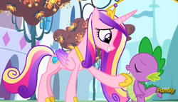 Size: 1757x1003 | Tagged: safe, edit, edited screencap, screencap, character:princess cadance, character:spike, ship:spikedance, episode:princess spike, g4, my little pony: friendship is magic, discovery family logo, eyes closed, female, love, male, shipping, smiling, spikelove, straight