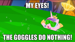 Size: 1600x900 | Tagged: safe, edit, screencap, character:princess cadance, episode:princess spike, g4, my little pony: friendship is magic, flood, goggles, image macro, meme, my eyes, my eyes the goggles do nothing, simpsons did it, the simpsons, water