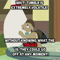 Size: 439x434 | Tagged: safe, edit, edited screencap, screencap, character:doctor whooves, character:time turner, species:pony, episode:slice of life, g4, my little pony: friendship is magic, image macro, male, meme, social justice warrior, stallion, trigger warning, tumblr