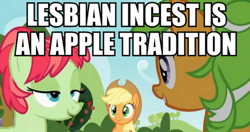 Size: 756x400 | Tagged: safe, edit, edited screencap, screencap, character:apple dumpling, character:apple leaves, character:applejack, species:earth pony, species:pony, episode:apple family reunion, g4, my little pony: friendship is magic, apple, apple family member, bedroom eyes, caption, dumplingleaves, female, food, image macro, implied incest, implied lesbian, incest, lesbian, mare, meme, out of context, tree