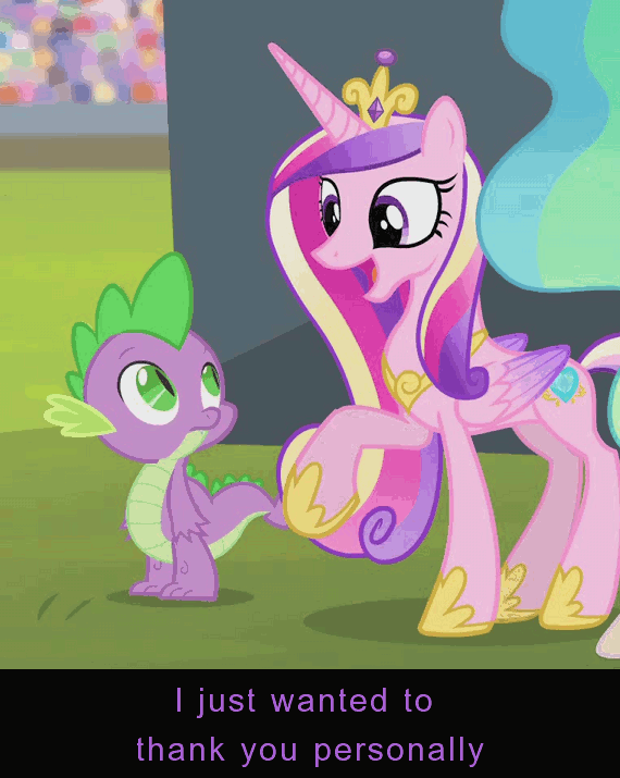 Size: 570x715 | Tagged: safe, edit, screencap, character:princess cadance, character:princess celestia, character:spike, episode:equestria games, g4, my little pony: friendship is magic, animated, caption, captioned, cropped, crowd, dialogue, eyes closed, kneeling, praise, stadium, tail, tail pull, text