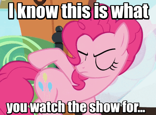 Size: 500x369 | Tagged: safe, edit, edited screencap, screencap, character:pinkie pie, species:pony, episode:party pooped, g4, my little pony: friendship is magic, animated, bronybait, butt touch, caption, cutie mark, female, hoof on butt, i watch it for the plot, image macro, looking at you, mare, meme, plot, rubbing, self spanking, solo, spanking, teasing