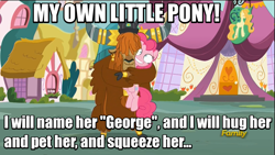 Size: 800x450 | Tagged: safe, edit, edited screencap, screencap, character:pinkie pie, character:prince rutherford, species:pony, species:yak, episode:party pooped, g4, my little pony: friendship is magic, abominable snowman, and call him george, bone-crushing snuggles, cloven hooves, discovery family logo, female, fridge horror, hape, hug, image macro, looney tunes, male, mare, meme, of mice and men, ponyville, the implications are horrible, this will end in death