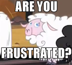 Size: 300x273 | Tagged: safe, edit, screencap, species:sheep, episode:party pooped, g4, my little pony: friendship is magic, 1000 years in photoshop, :t, are you frustrated?, black sheep, cropped, ewe, female, image macro, impact font, looking at you, meme, needs more jpeg, problem, reaction image, smiling, solo focus, trollface, trolling, you mad?