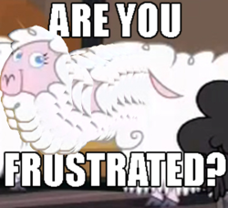 Size: 300x273 | Tagged: safe, edit, edited screencap, screencap, species:sheep, episode:party pooped, g4, my little pony: friendship is magic, 1000 years in photoshop, :t, are you frustrated?, cropped, ewe, female, image macro, impact font, long neck, looking at you, meme, needs more jpeg, problem, reaction image, smiling, solo focus, trollface, trolling, wat, you mad?