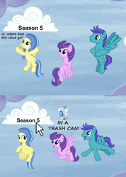 Size: 900x1264 | Tagged: safe, edit, edited screencap, screencap, character:clear skies, character:open skies, character:sunshower, episode:tanks for the memories, g4, my little pony: friendship is magic, season 5, background pony strikes again, caption, cloud, cloudy, flying, image macro, meme, op is a duck, op is trying to start shit, reaction image