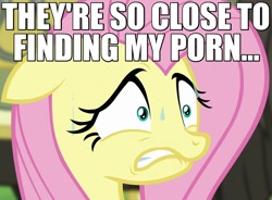 Size: 680x500 | Tagged: safe, edit, edited screencap, screencap, character:fluttershy, episode:party pooped, g4, my little pony: friendship is magic, anxiety, caption, female, gritted teeth, image macro, meme, nervous, porn, scared, solo, sweat, sweatdrop, worried