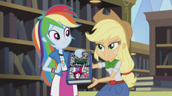 Size: 1280x719 | Tagged: safe, edit, edited screencap, screencap, character:applejack, character:rainbow dash, equestria girls:friendship games, g4, my little pony: equestria girls, my little pony:equestria girls, book, crack fic, don't read this book, george joestar, george joestar ii, jojo's bizarre adventure, jorge joestar, jorge joestar ii, lisa lisa, mind screw, novel, this will end in tears and/or death, why, yearbook meme