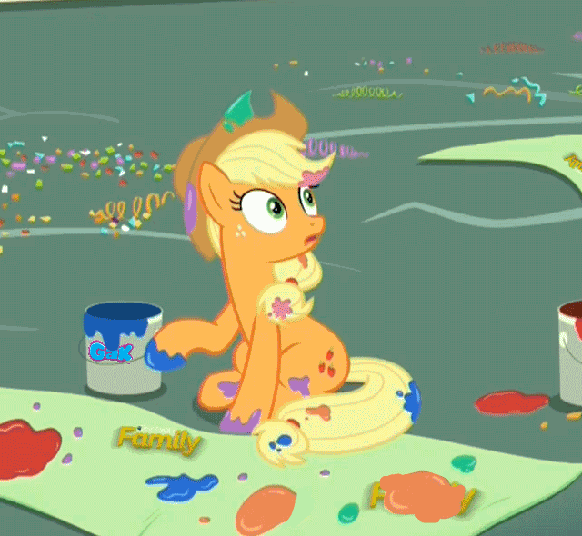 Size: 582x536 | Tagged: safe, edit, screencap, character:applejack, episode:party pooped, g4, my little pony: friendship is magic, animated, discovery family, discovery family logo, frown, gak, image macro, logo, meme, misspelling, paint, paint in hair, paint on fur, painting, sitting, smiling, splat, splatoon, talking