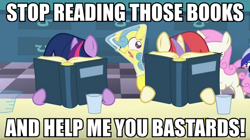 Size: 856x479 | Tagged: safe, edit, edited screencap, screencap, character:lemon hearts, character:minuette, character:moondancer, character:twilight sparkle, character:twinkleshine, episode:amending fences, g4, my little pony: friendship is magic, beaker, book, caption, cup, erlenmeyer flask, filly, flaskhead hearts, funny, glass, help, help me, image macro, meme, vulgar, wat