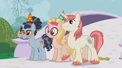 Size: 848x475 | Tagged: safe, edit, edited screencap, screencap, character:booksmart, character:honey lemon, character:morning roast, species:pony, species:unicorn, episode:amending fences, g4, my little pony: friendship is magic, discovery family logo, female, librarian, male, mare, raised hoof, recolor, smiling, stallion, trio