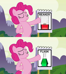 Size: 1280x1440 | Tagged: safe, edit, edited screencap, screencap, character:pinkie pie, species:earth pony, species:pony, episode:amending fences, episode:too many pinkie pies, g4, my little pony: friendship is magic, beaker, bipedal, erlenmeyer flask, female, flask, flipchart, mare, meme, pinkie's educational comparison aid, solo