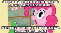Size: 926x507 | Tagged: safe, edit, edited screencap, screencap, character:gummy, character:pinkie pie, character:prince rutherford, character:sea swirl, species:pony, species:yak, episode:party pooped, g4, my little pony: friendship is magic, female, headcanon, image macro, mare, meme, solo, theory