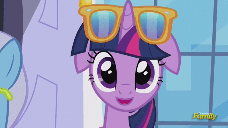 Size: 800x449 | Tagged: safe, edit, edited screencap, screencap, character:minuette, character:spike, character:twilight sparkle, character:twilight sparkle (alicorn), species:alicorn, species:dragon, species:pony, species:unicorn, episode:amending fences, g4, my little pony: friendship is magic, animated, blinking, cute, discovery family logo, eye shimmer, female, floppy ears, frown, inverted mouth, leaning, looking at you, looking up, male, mare, open mouth, shutter shades, smiling, sunglasses, twiabetes