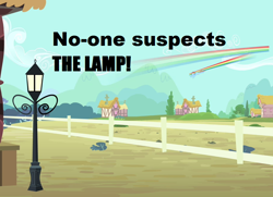 Size: 916x664 | Tagged: safe, edit, edited screencap, screencap, character:rainbow dash, amityville 4: the evil escapes, caption, fence, lamp, lamp post, phelous, possessed, rainbow trail, reference, sky, the lone lampman