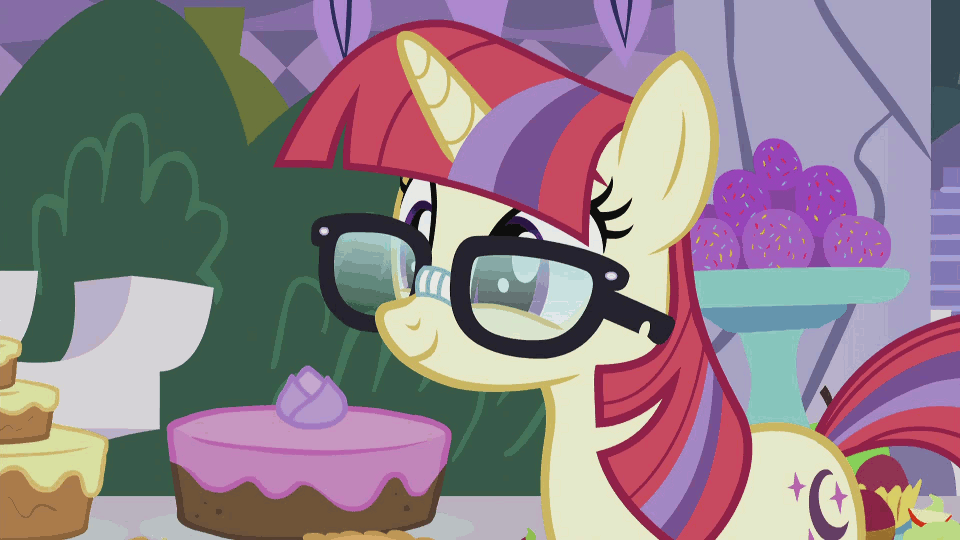 Size: 960x540 | Tagged: safe, edit, screencap, character:moondancer, episode:amending fences, g4, my little pony: friendship is magic, adorkable, animated, bittersweet, broken glasses, bush, cake, canterlot, caption, cute, dancerbetes, dork, excited, glasses, happy, hnnng, party, pillar, subtitles, table, text, this ended in tears, this will end in tears
