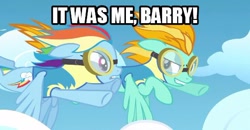Size: 540x281 | Tagged: safe, edit, edited screencap, screencap, character:lightning dust, character:rainbow dash, episode:wonderbolts academy, barry allen, dc comics, eobard thawne, image macro, it was me barry!, justice league, meme, professor zoom, reverse dash, reverse-flash, the flash, wonderbolts, wonderbolts uniform, zoom, zoomposting