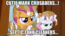 Size: 640x360 | Tagged: safe, edit, edited screencap, screencap, character:scootaloo, character:sweetie belle, species:pegasus, species:pony, episode:ponyville confidential, g4, my little pony: friendship is magic, cannot unsee, caption, image macro, meme, out of context, poop, scataloo, sweetiepoo