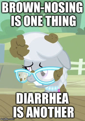 Size: 315x447 | Tagged: safe, edit, edited screencap, screencap, character:silver spoon, episode:one bad apple, g4, my little pony: friendship is magic, cannot unsee, caption, diarrhea, image macro, meme, out of context, poop