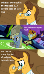 Size: 640x1082 | Tagged: safe, edit, edited screencap, screencap, character:carrot top, character:derpy hooves, character:doctor horse, character:doctor stable, character:golden harvest, species:pegasus, species:pony, species:unicorn, episode:luna eclipsed, episode:read it and weep, g4, my little pony: friendship is magic, calibri, comic, derpes, female, glasses, male, mare, pun, screencap comic, stallion