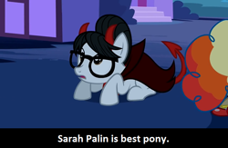 Size: 762x496 | Tagged: safe, edit, edited screencap, screencap, character:mayor mare, character:raven inkwell, episode:luna eclipsed, g4, my little pony: friendship is magic, calibri, devil horns, frown, glasses, looking up, meta, open mouth, prone, sarah palin, solo focus, wide eyes