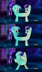 Size: 1280x2160 | Tagged: safe, edit, screencap, character:bon bon, character:lyra heartstrings, character:sweetie drops, episode:do princesses dream of magic sheep?, adorabon, catdog, conjoined, cute, dream, eye contact, eyes closed, grin, happy, hug, lyrabetes, lyrabon (fusion), open mouth, ponyville, pushmi-pullyu, shipping fuel, smiling, we have become one