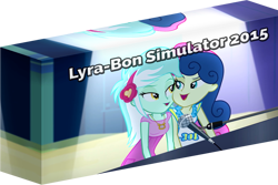 Size: 1442x965 | Tagged: safe, edit, edited screencap, screencap, character:bon bon, character:lyra heartstrings, character:sweetie drops, ship:lyrabon, equestria girls:rainbow rocks, g4, my little pony: equestria girls, my little pony:equestria girls, box art, female, lesbian, shipping, simple background, simulator, text, transparent background