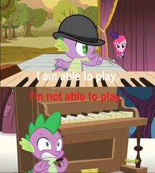 Size: 1200x1340 | Tagged: safe, edit, edited screencap, screencap, character:pinkie pie, character:spike, episode:over a barrel, episode:party pooped, g4, my little pony: friendship is magic, caption, comparison, continuity, drama bait, insane troll logic, logic, piano, saloon pinkie
