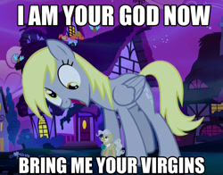 Size: 818x641 | Tagged: safe, edit, edited screencap, screencap, character:derpy hooves, character:mayor mare, species:pegasus, species:pony, episode:do princesses dream of magic sheep?, caption, cropped, derpysaur, female, hotdiggedydemon, i am your god now bring me your virgins, image macro, macro, mare, meme, wat