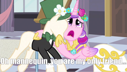 Size: 1280x720 | Tagged: safe, edit, edited screencap, screencap, character:princess cadance, character:queen chrysalis, friendship is witchcraft, caption, disguise, disguised changeling, fake cadance, image macro, mannequin