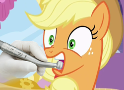Size: 542x392 | Tagged: safe, edit, edited screencap, screencap, character:applejack, episode:make new friends but keep discord, g4, my little pony: friendship is magic, clothing, cropped, dentist, female, gloves, hand, latex, latex gloves, rubber gloves, solo