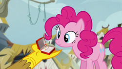 Size: 1280x720 | Tagged: safe, edit, edited screencap, screencap, character:gilda, character:pinkie pie, species:griffon, ship:gildapie, episode:the lost treasure of griffonstone, g4, my little pony: friendship is magic, cute, female, lesbian, marriage proposal, shipping, wedding ring