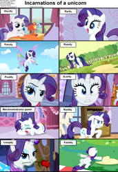 Size: 1282x1876 | Tagged: safe, edit, edited screencap, screencap, character:rarity, species:pony, species:unicorn, episode:a canterlot wedding, episode:sisterhooves social, episode:sonic rainboom, episode:stare master, episode:the cutie mark chronicles, g4, my little pony: friendship is magic, angry, big grin, butterfly wings, caption, carousel boutique, clothing, compilation, crying, cs captions, cute, female, filly, foal, grin, hat, incarnations of, lidded eyes, lying down, mannequin, mare, marshmelodrama, on back, pouting, prone, pun, rain, raribetes, rose, sewing, sewing machine, solo, wet, wet mane, wet mane rarity
