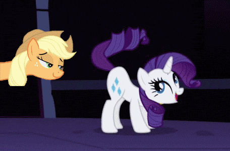 Size: 456x300 | Tagged: safe, edit, edited screencap, screencap, character:applejack, character:rarity, species:earth pony, species:pony, species:unicorn, ship:rarijack, episode:friendship is magic, g4, my little pony: friendship is magic, animated, butt shake, castle of the royal pony sisters, female, lesbian, mare, shipping