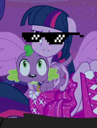Size: 456x604 | Tagged: safe, edit, edited screencap, screencap, character:rarity, character:spike, character:twilight sparkle, species:dog, equestria girls:equestria girls, g4, my little pony: equestria girls, my little pony:equestria girls, boots, clothing, deal with it, dress, fall formal outfits, glasses, high heel boots, ponied up, spike the dog, twilight ball dress