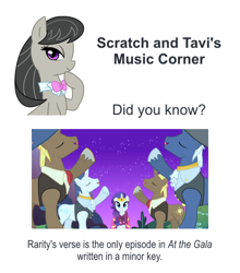 Size: 402x457 | Tagged: safe, edit, edited screencap, screencap, character:blue moon (g4), character:octavia melody, character:rarity, species:earth pony, species:pony, species:unicorn, at the gala, female, male, mare, music, stallion, text, trivia