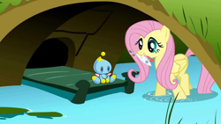 Size: 1280x720 | Tagged: safe, edit, edited screencap, screencap, character:fluttershy, species:pegasus, species:pony, episode:dragonshy, g4, my little pony: friendship is magic, chao, crossover, dead, feeding, female, fish, mare, mouth hold, sonic the hedgehog (series)