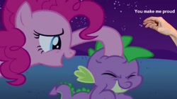 Size: 960x541 | Tagged: safe, edit, edited screencap, screencap, character:pinkie pie, character:spike, species:dragon, species:earth pony, species:pony, eyes closed, female, hand, male, mare, noogie