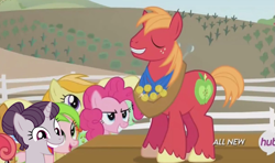 Size: 849x501 | Tagged: safe, edit, edited screencap, screencap, character:big mcintosh, character:pinkie pie, character:sugar belle, species:earth pony, species:pony, episode:the cutie map, g4, my little pony: friendship is magic, >:d, belleface, creeper, crowd, faec, female, grin, happy, hilarious in hindsight, hub logo, male, photoshop, smiling, smirk, stage, stalker, stalking, stallion, the hub