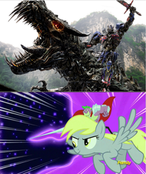 Size: 781x927 | Tagged: safe, edit, edited screencap, screencap, character:derpy hooves, character:spike, character:tantabus, species:dragon, species:pegasus, species:pony, episode:do princesses dream of magic sheep?, beefspike, comparison, derpysaur, dinobot, dragons riding ponies, female, grimlock, mare, optimus prime, transformers, transformers age of extinction