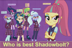 Size: 1276x844 | Tagged: safe, edit, edited screencap, screencap, character:indigo zap, character:lemon zest, character:sour sweet, character:sugarcoat, character:sunny flare, character:twilight sparkle, character:twilight sparkle (scitwi), species:eqg human, equestria girls:friendship games, g4, my little pony: equestria girls, my little pony:equestria girls, clothing, crystal prep academy, crystal prep academy uniform, crystal prep shadowbolts, discussion, glasses, pigtails, ponytail, question, school uniform, shadow six, shoes