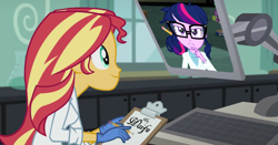 Size: 1044x545 | Tagged: safe, edit, edited screencap, screencap, character:sunset shimmer, character:twilight sparkle, character:twilight sparkle (scitwi), species:eqg human, ship:scitwishimmer, ship:sunsetsparkle, episode:the science of magic, equestria girls:friendship games, equestria girls:rainbow rocks, g4, my little pony: equestria girls, my little pony:equestria girls, clipboard, computer, female, glasses, lesbian, shipping, sunset the science gal, sunset's computer, waifu