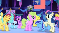 Size: 1280x720 | Tagged: safe, edit, edited screencap, screencap, character:amethyst star, character:bon bon, character:cherry berry, character:daisy, character:lemon hearts, character:linky, character:lyra heartstrings, character:minuette, character:shoeshine, character:sparkler, character:sunshower raindrops, character:sweetie drops, character:white lightning, species:pegasus, species:pony, episode:friendship is magic, g4, my little pony: friendship is magic, background pony, bon bon is amused, female, mare, republic of china, taiwan