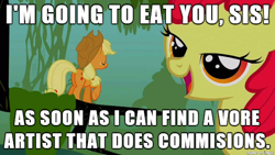 Size: 610x343 | Tagged: safe, edit, edited screencap, screencap, character:apple bloom, character:applejack, species:earth pony, species:pony, episode:bridle gossip, g4, my little pony: friendship is magic, appletini, bedroom eyes, butt, caption, female, filly, image macro, implied vore, macro, mare, meme, micro, plot