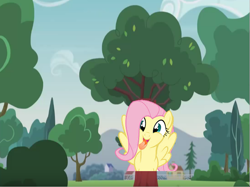 Size: 801x600 | Tagged: safe, edit, edited screencap, screencap, character:fluttershy, species:pony, episode:pinkie spy, equestria girls:friendship games, g4, my little pony: equestria girls, my little pony:equestria girls, female, fluttertree, silly, silly pony, solo, tree, tree costume