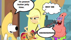 Size: 1024x576 | Tagged: safe, edit, edited screencap, screencap, character:applejack, episode:a case for the bass, g4, my little pony: equestria girls, my little pony:equestria girls, banana suit, bananajack, brian griffin, family guy, patrick star, spongebob squarepants